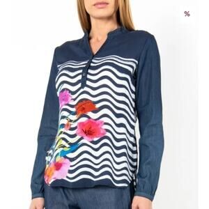 Desigual Blue White Stripe Nautical Sequin Floral Wearable Art Henley Top Large